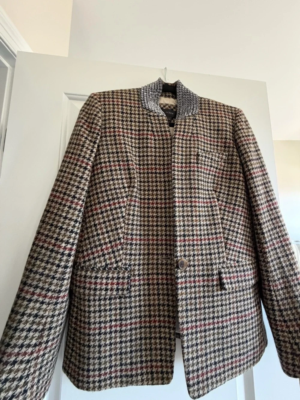 J. Crew Multi-Color Houndstouth blazer w/ gorgeous Crystal-Studded Collar RARE! - Picture 2 of 7